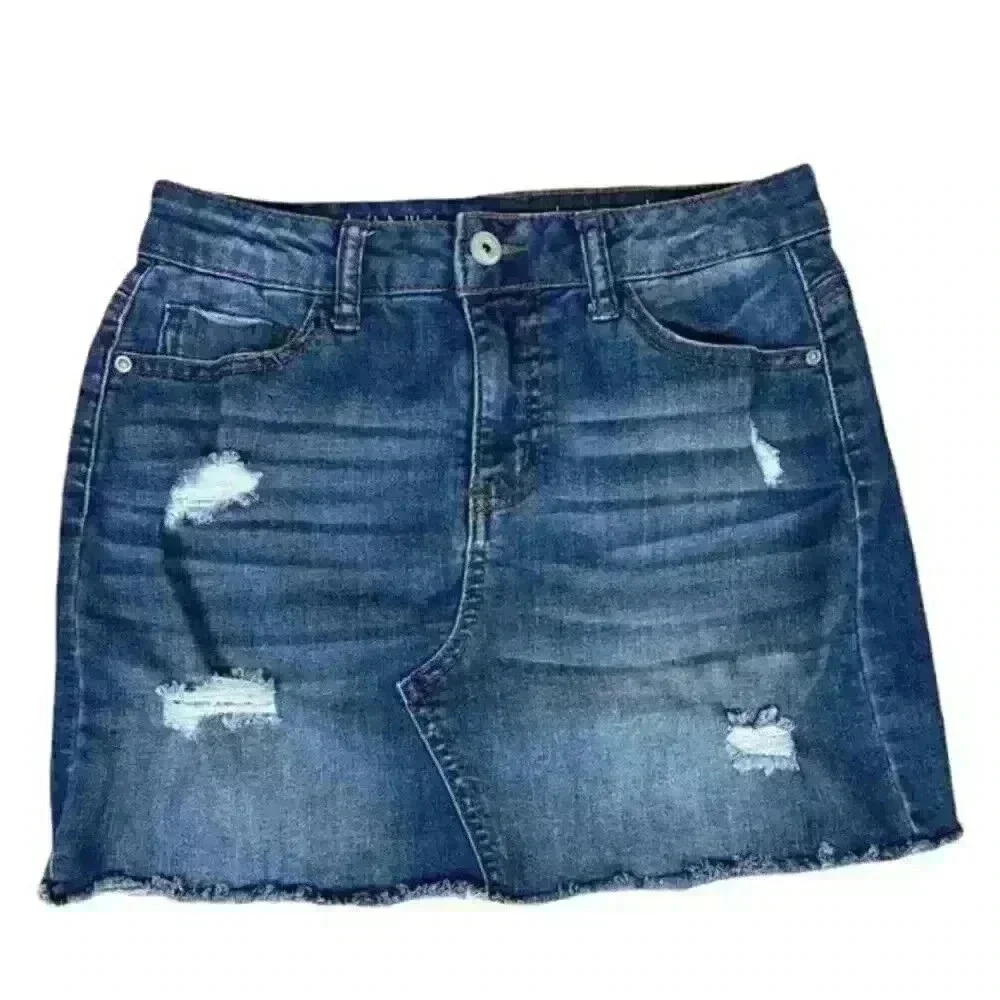 Vanilla‎ Star Jean Skirt Juniors Size 1 25x13 Distressed Stretch Frayed Raw Hem